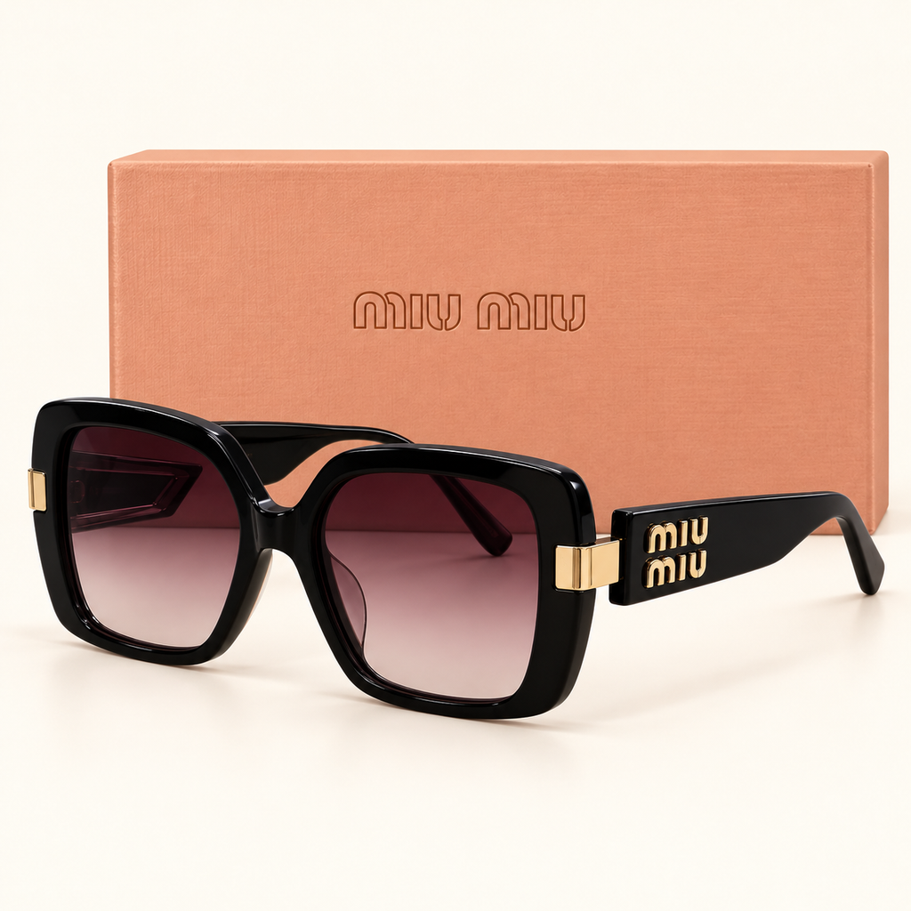 MM — Black Gold Gradient Square Sunglasses – Model 6 — front-left view with brand box