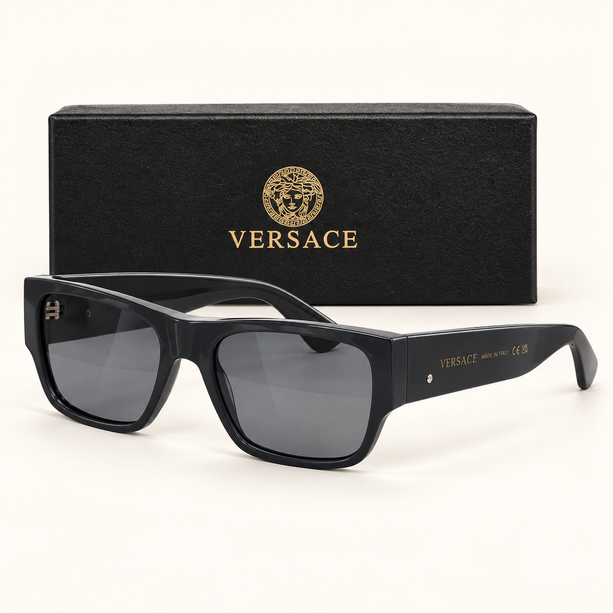 VRSC — Black Rectangular Sunglasses – Model 1 — front-left view with brand box