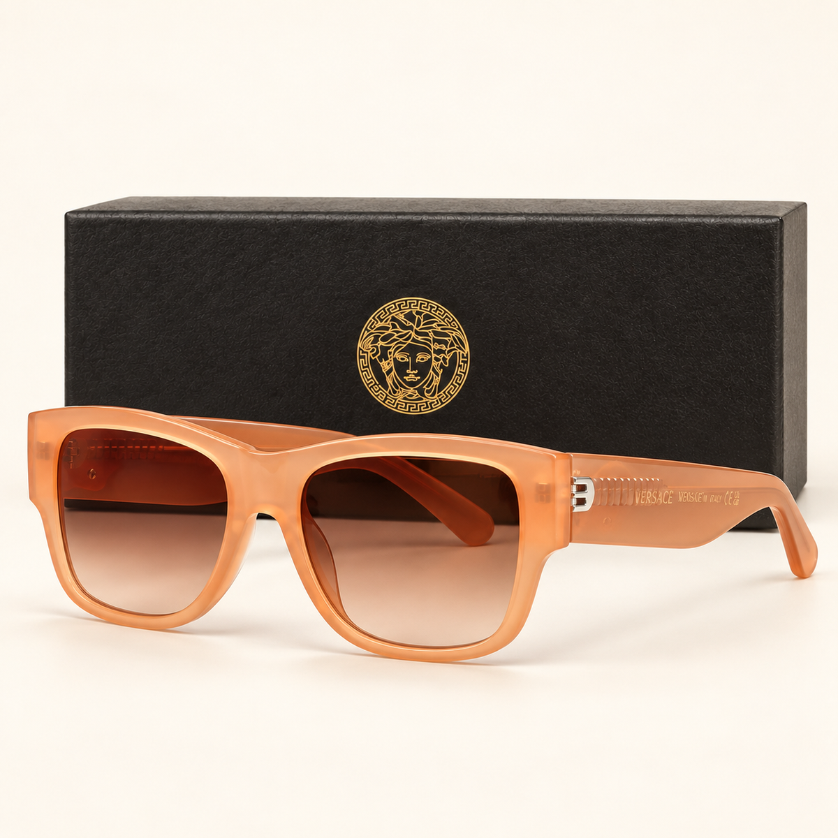 VRSC — Amber Rectangular Sunglasses – Model 2 — front-left view with brand box