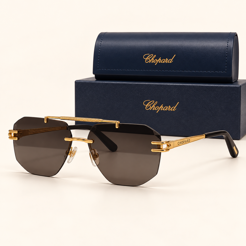 CHPD — Gold Smoke Geometric Rimless Sunglasses – Model 7 — front-left view with brand box