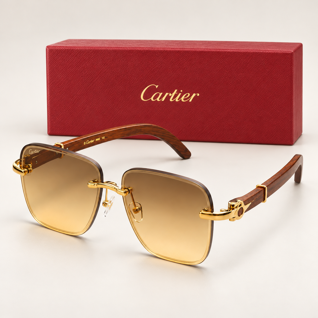 CR Double-Rim Amber Square Sunglasses — front-left view with brand box