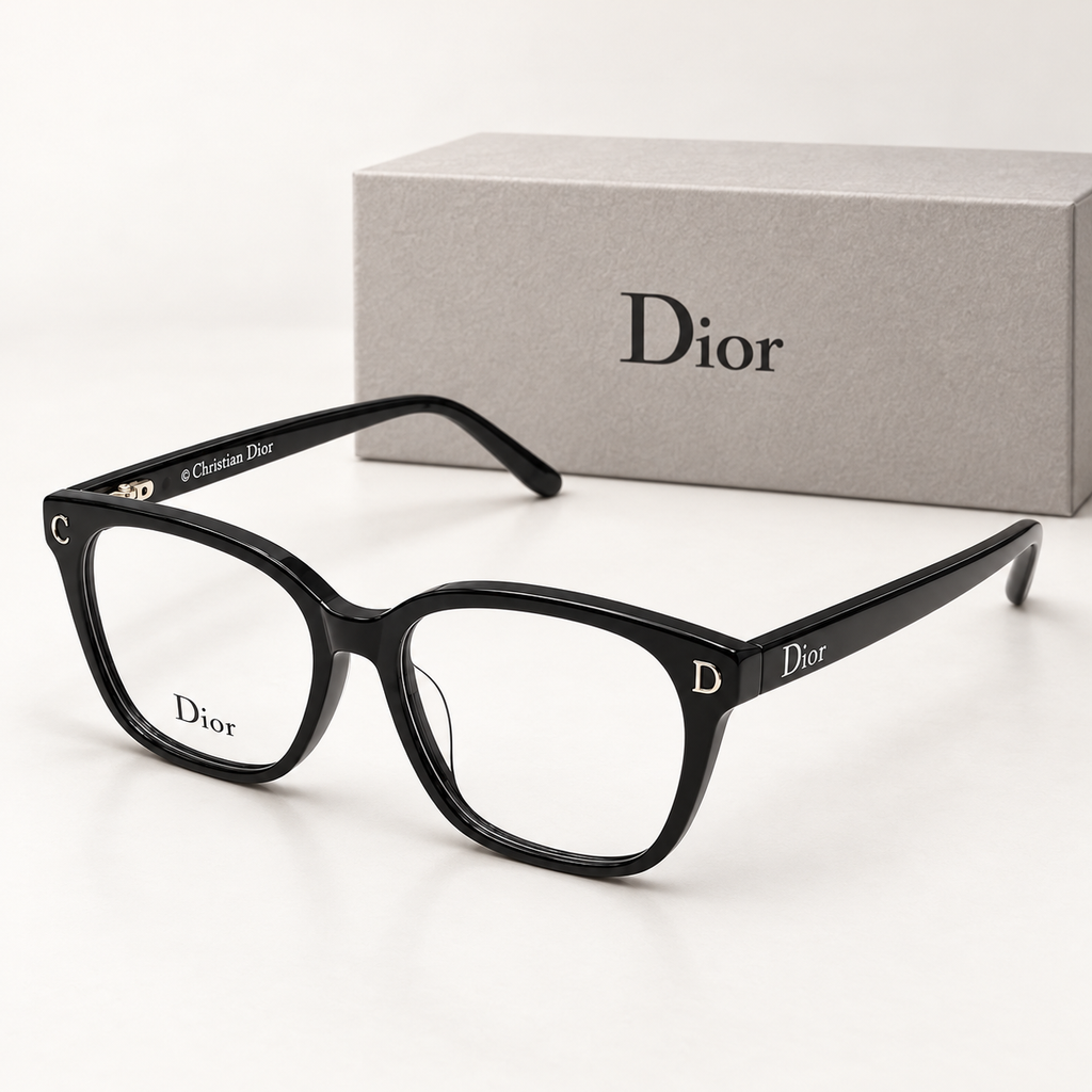 CD Black Square Eyeglasses — front-left view with brand box