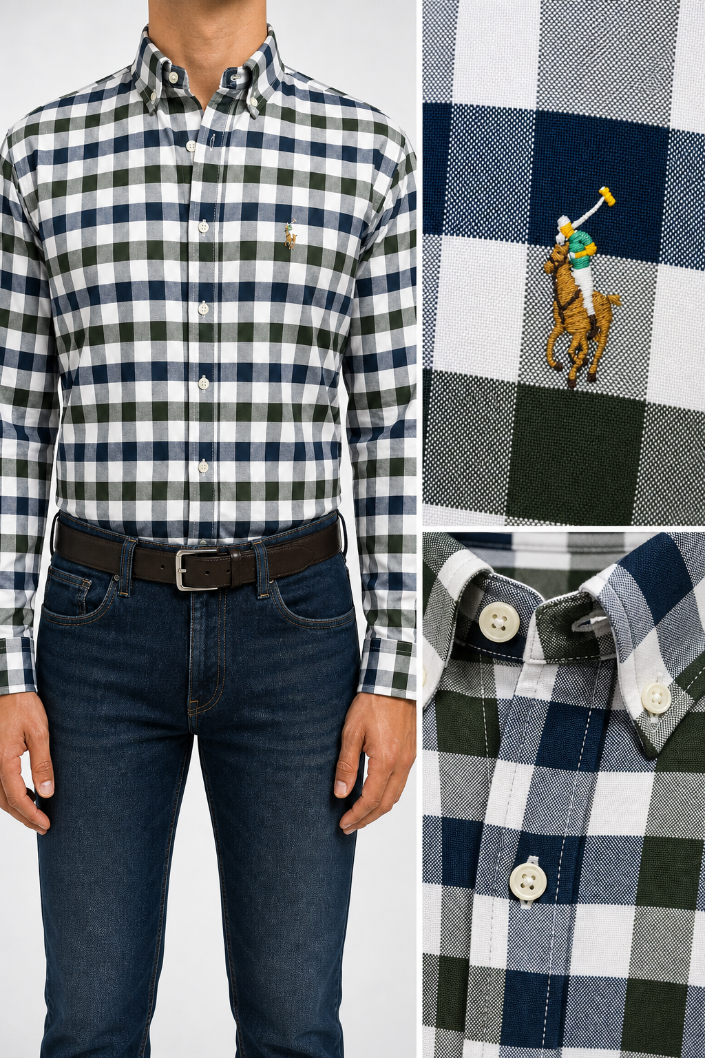 RL — Men’s Navy and Green Bold-Check Shirt — additional product detail view