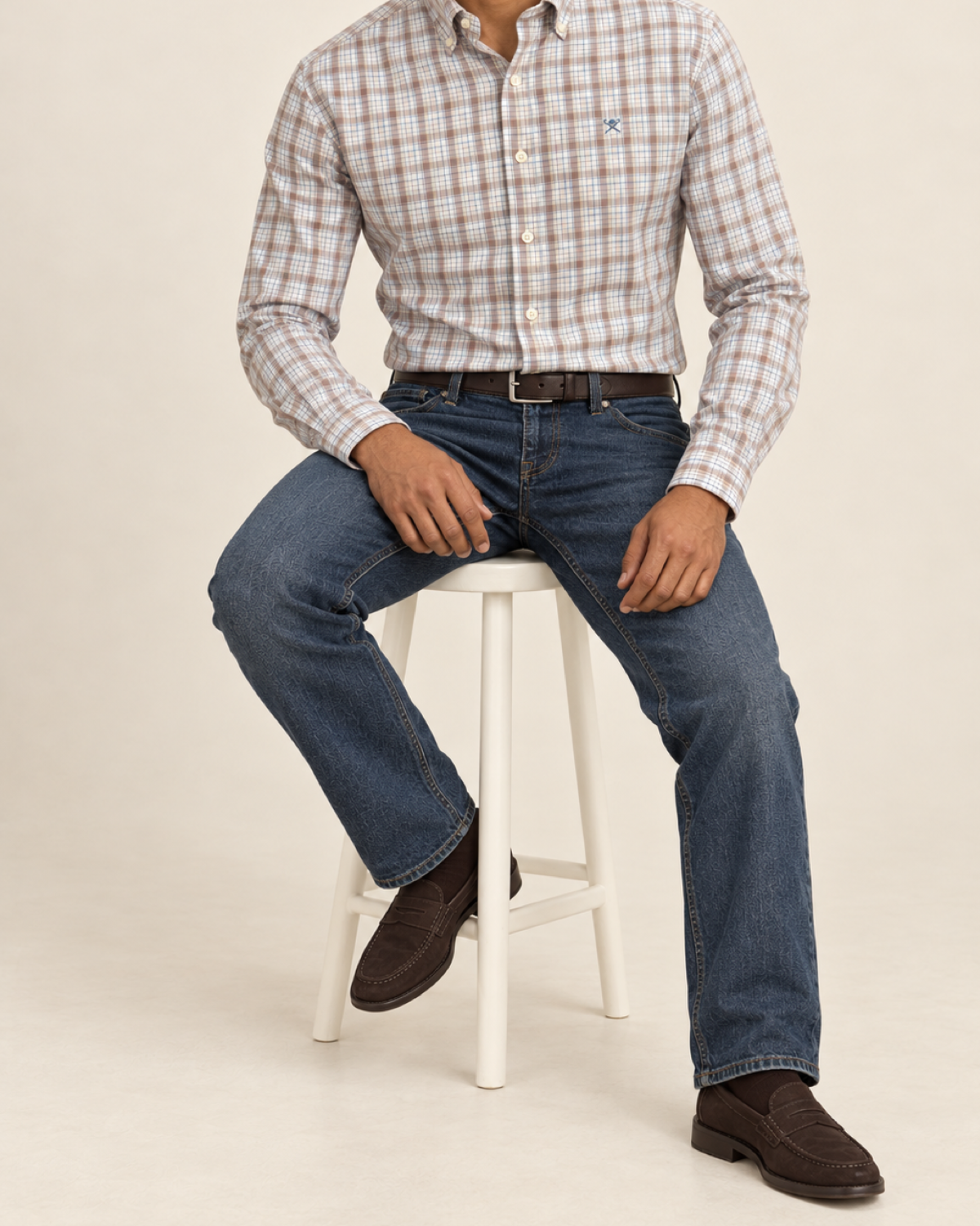 HKTT — Ivory Taupe Plaid Button-Down Shirt — seated full body