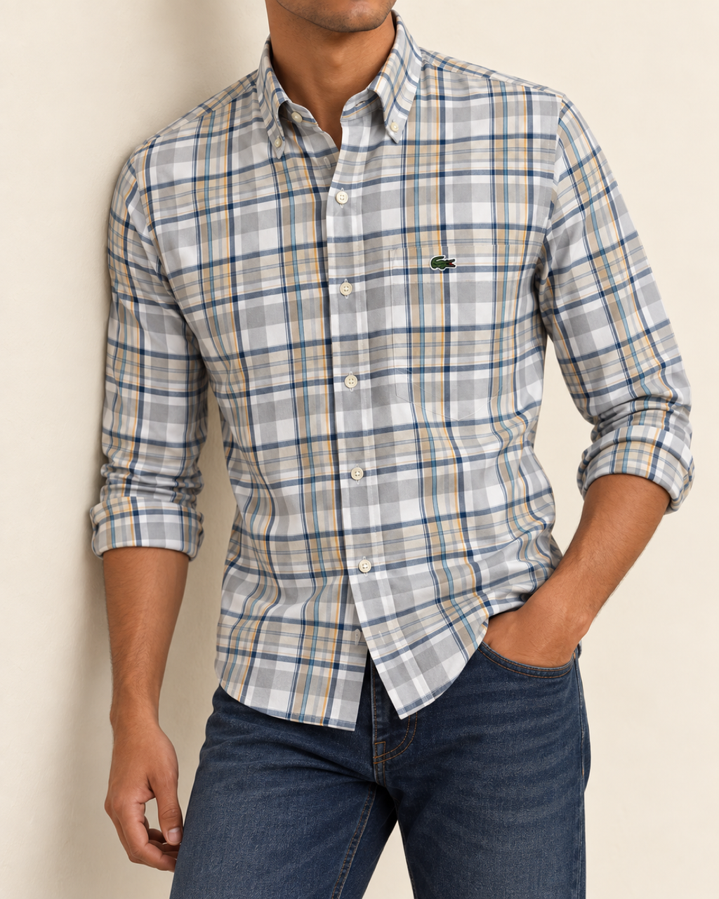 LCST — Light Grey & Blue Plaid Button-Down Shirt — relaxed lifestyle