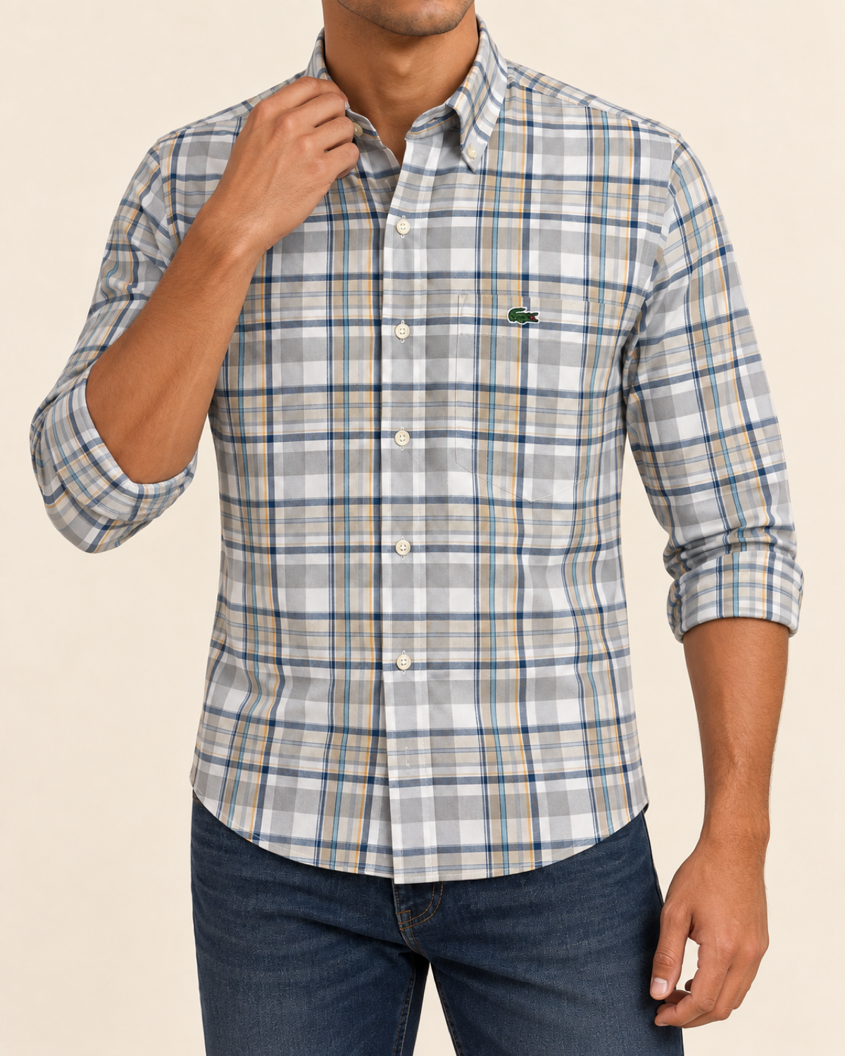 LCST — Light Grey & Blue Plaid Button-Down Shirt — front styling