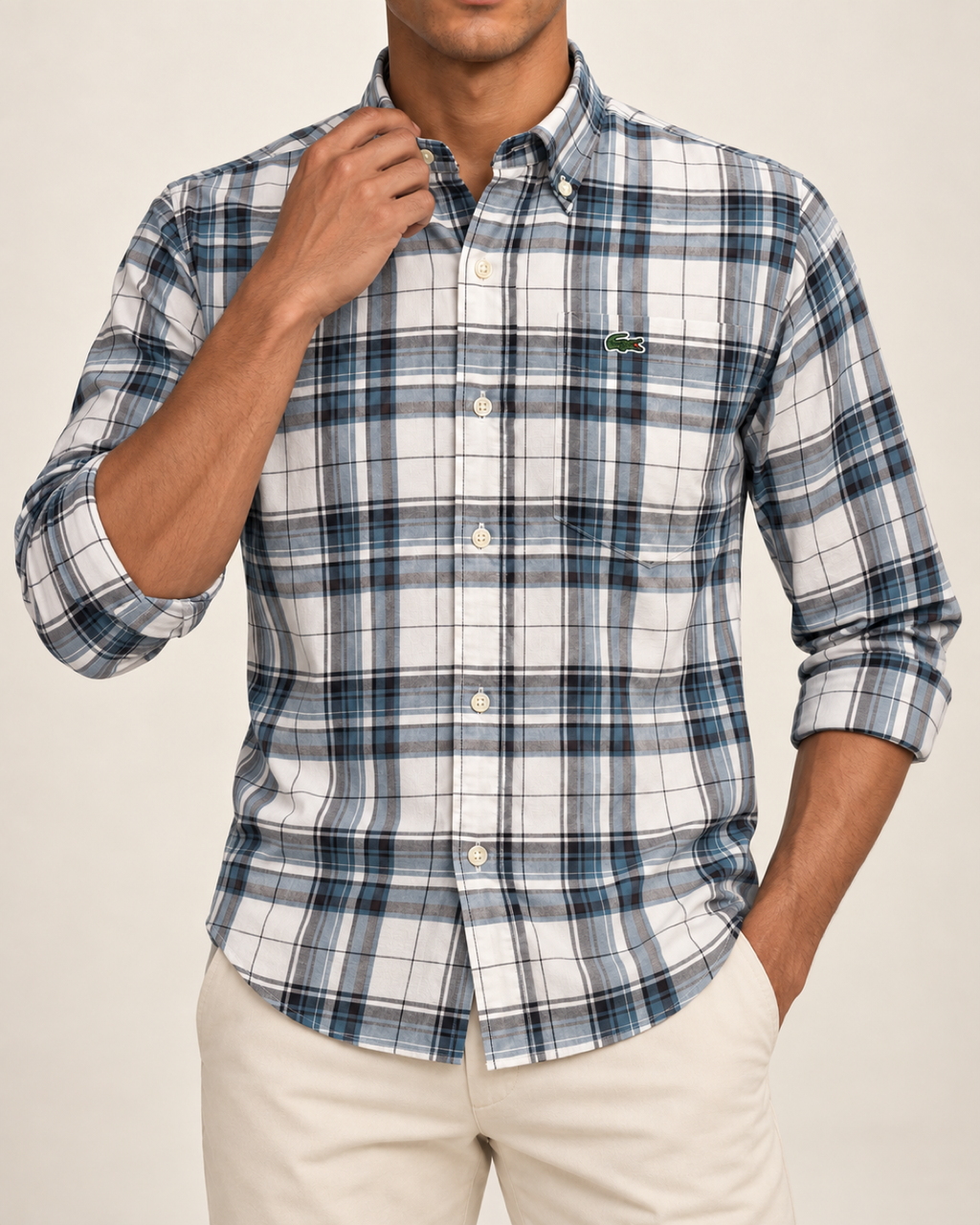 LCST — Off-White & Blue Plaid Button-Down Shirt — front styling