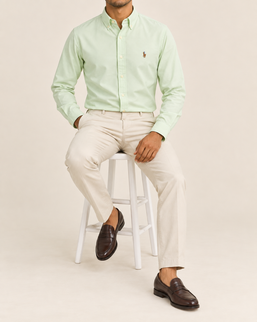 RL — Pastel Pistachio Button-Down Shirt — seated full body