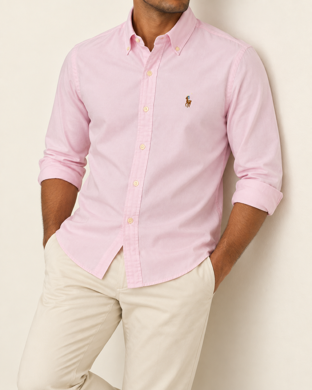 RL — Powder Pink Button-Down Shirt — relaxed lifestyle