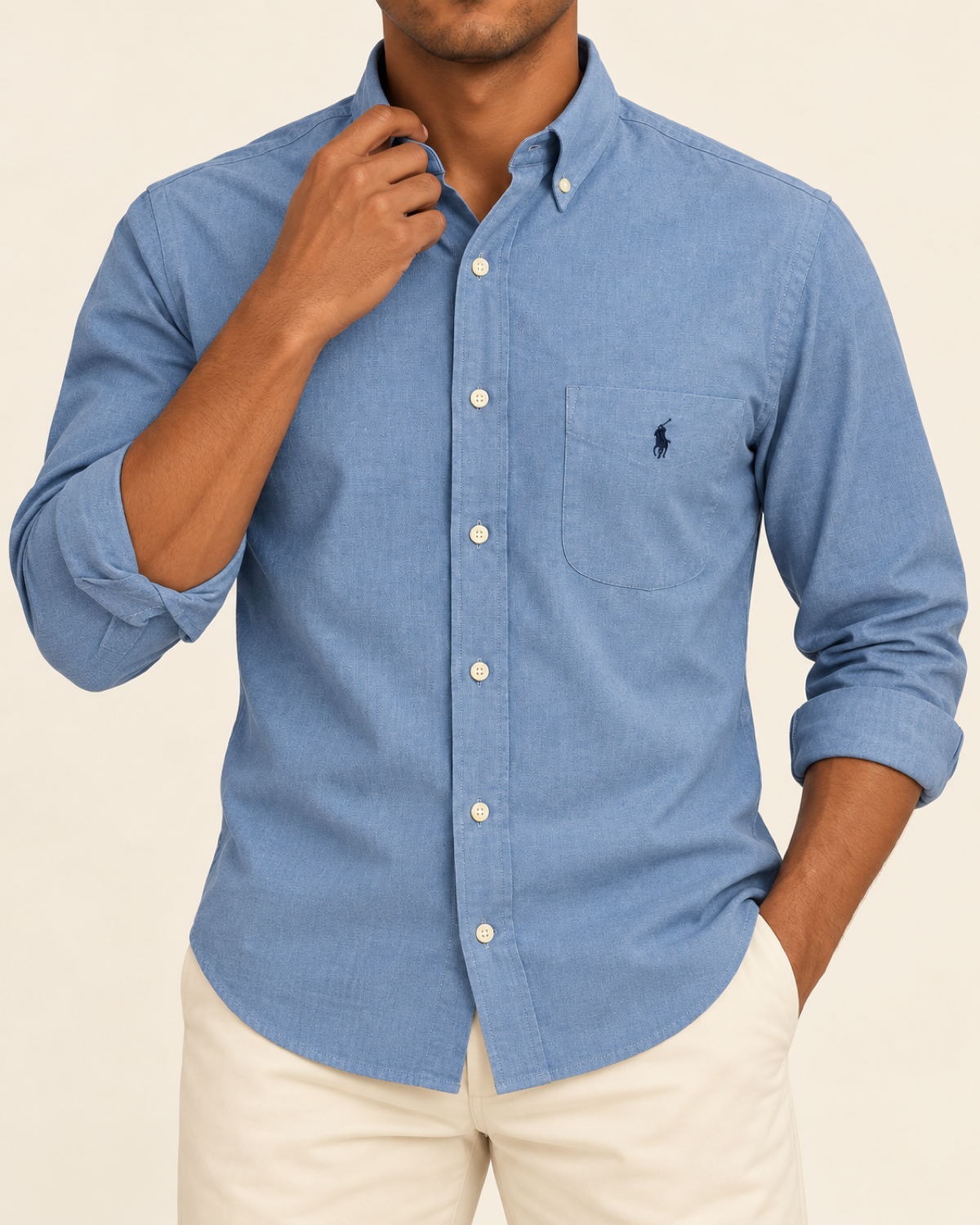 RL — Steel Blue Pocket Button-Down Shirt — front styling