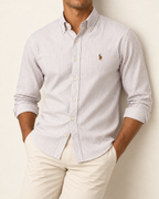 RL — Off-White & Taupe Grey Striped Button-Down Shirt