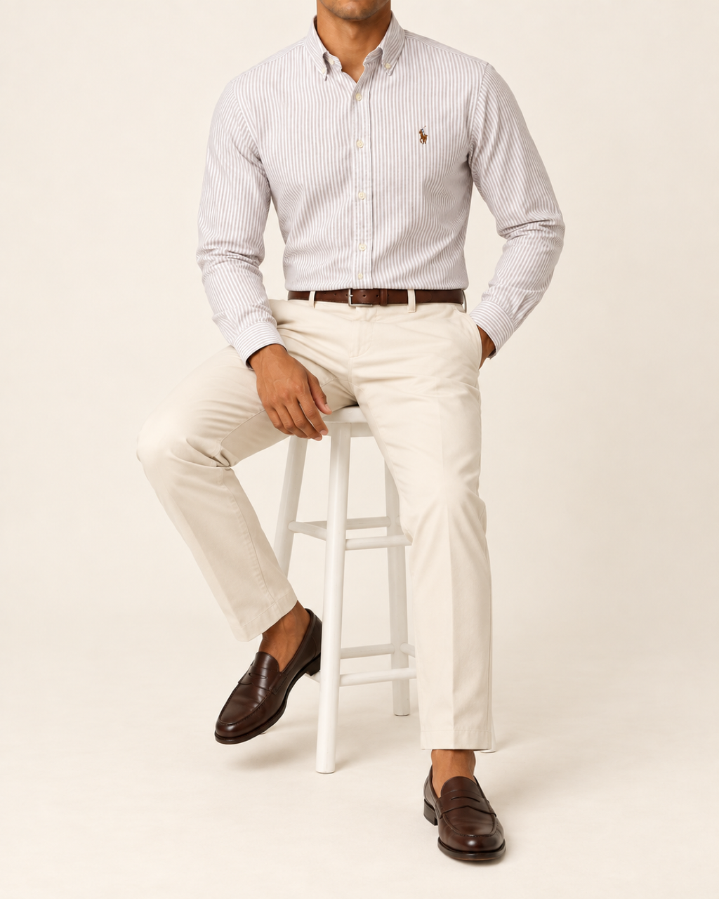 RL — Off-White & Taupe Grey Striped Button-Down Shirt — seated full body