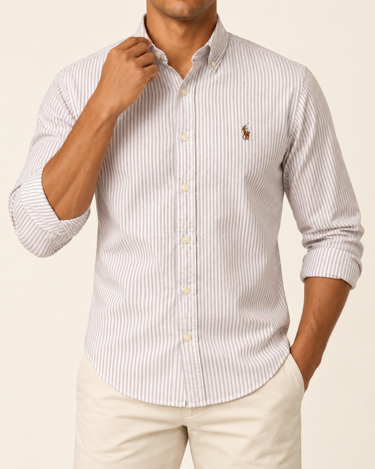RL — Off-White & Taupe Grey Striped Button-Down Shirt — front styling