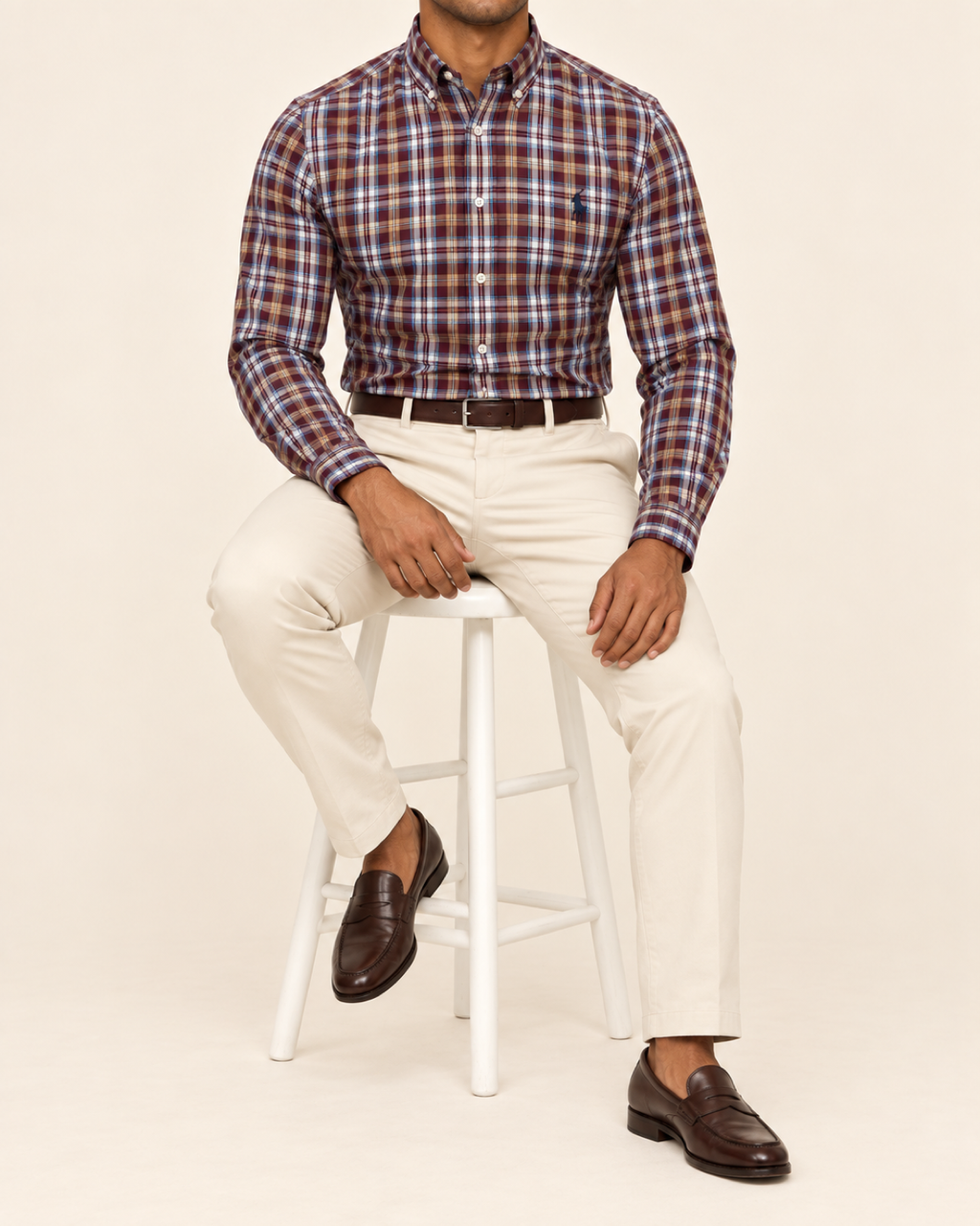RL — Burgundy Plaid Button-Down Shirt — seated full body