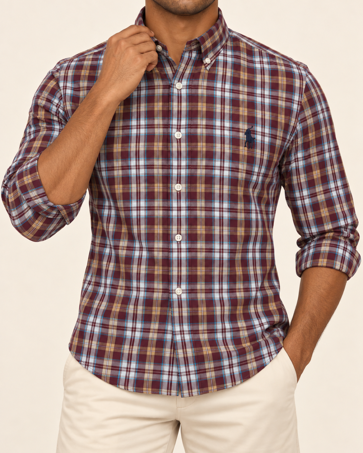 RL — Burgundy Plaid Button-Down Shirt — front styling