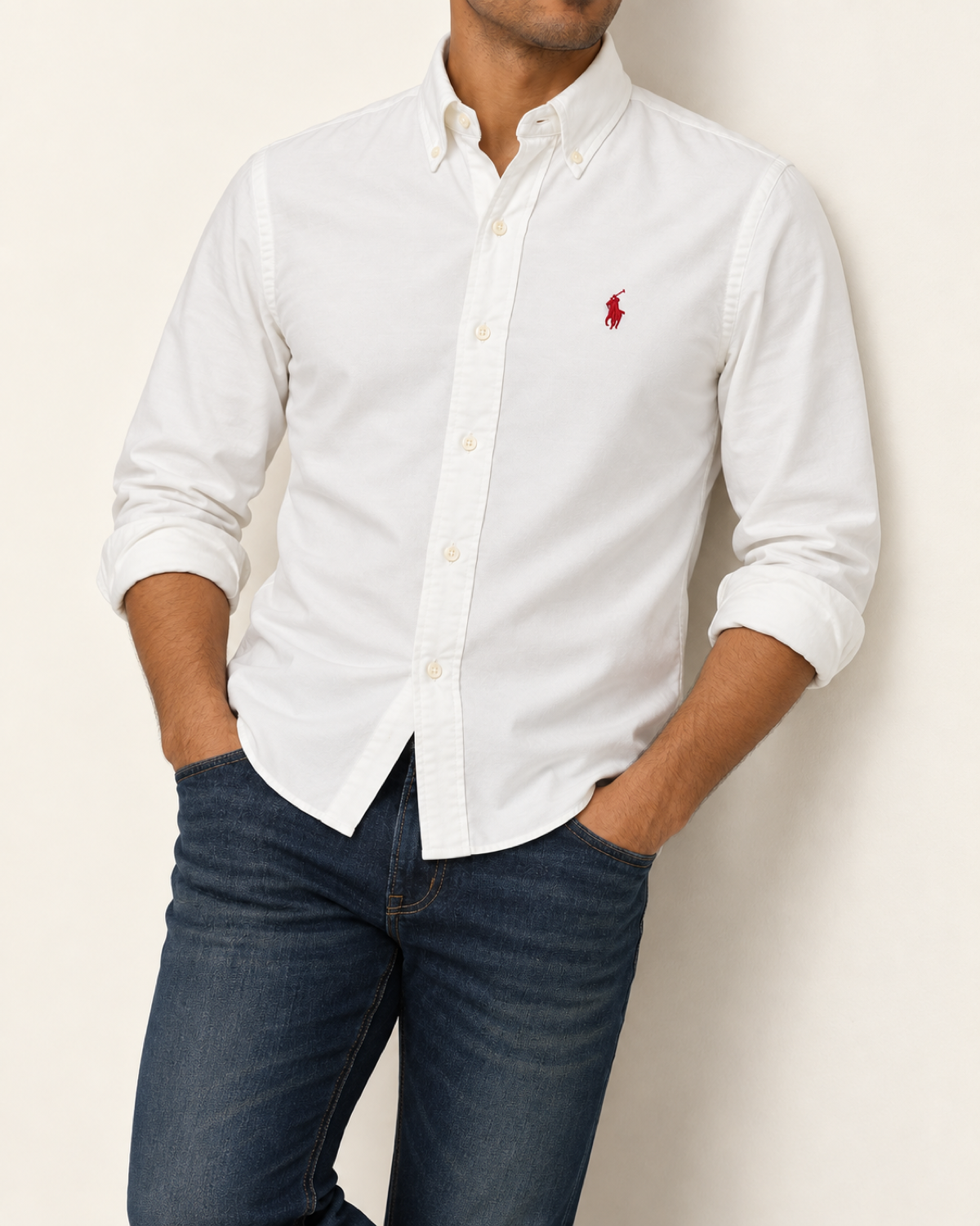 RL — White Button-Down Shirt With Red Embroidery — relaxed lifestyle