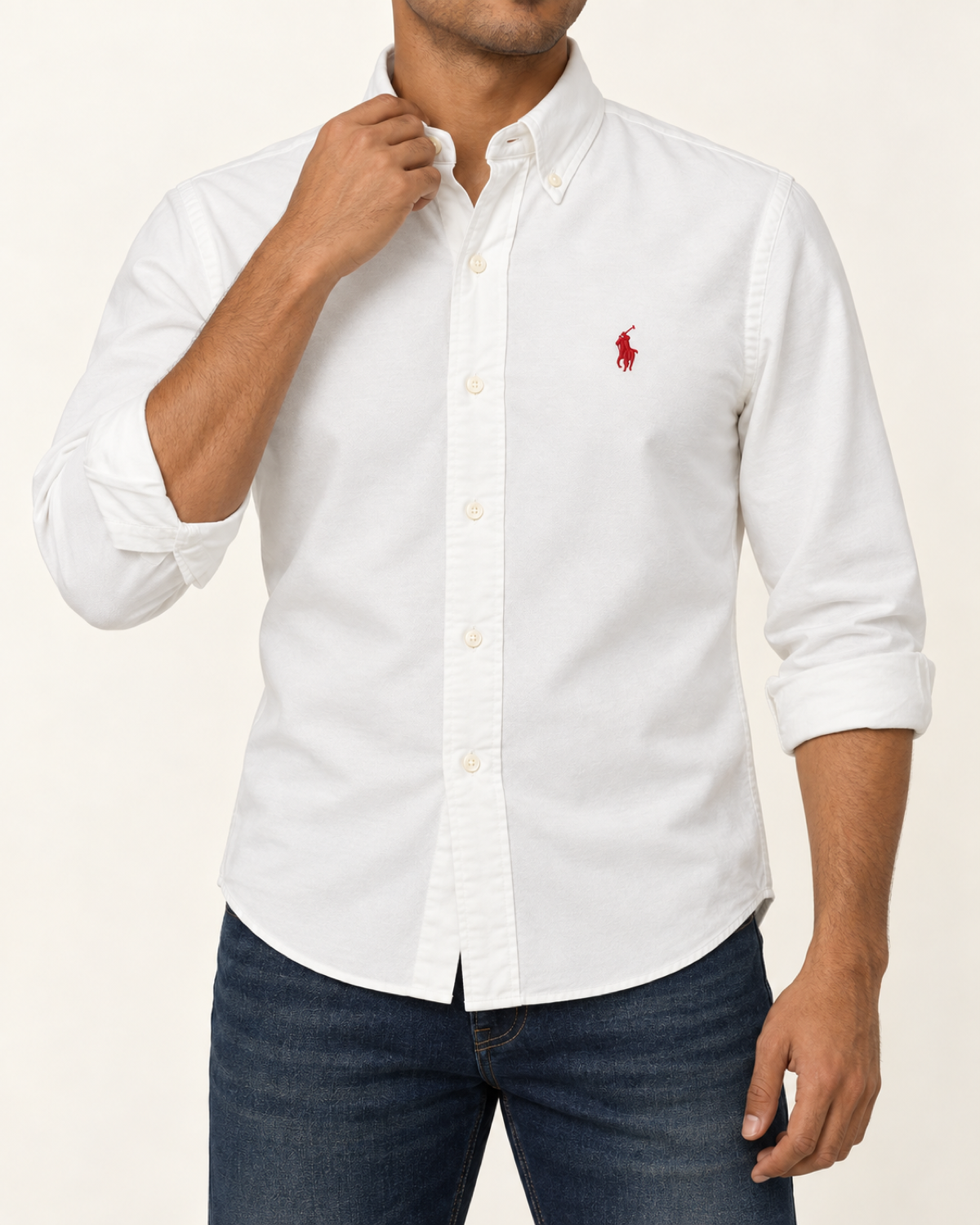 RL — White Button-Down Shirt With Red Embroidery — front styling