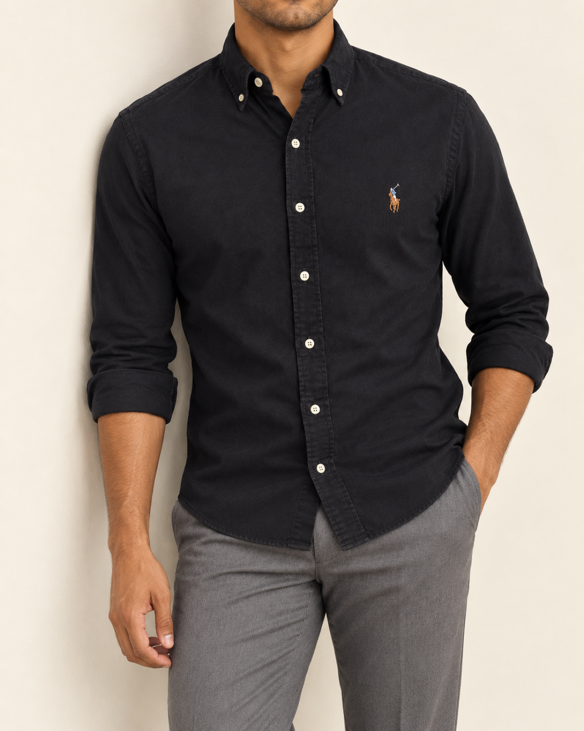 RL — Black Button-Down Shirt — relaxed lifestyle