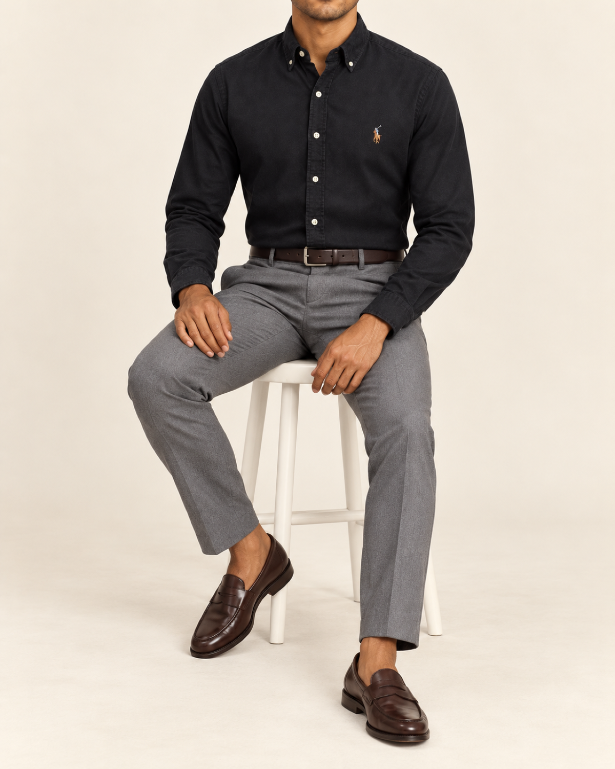 RL — Black Button-Down Shirt — seated full body