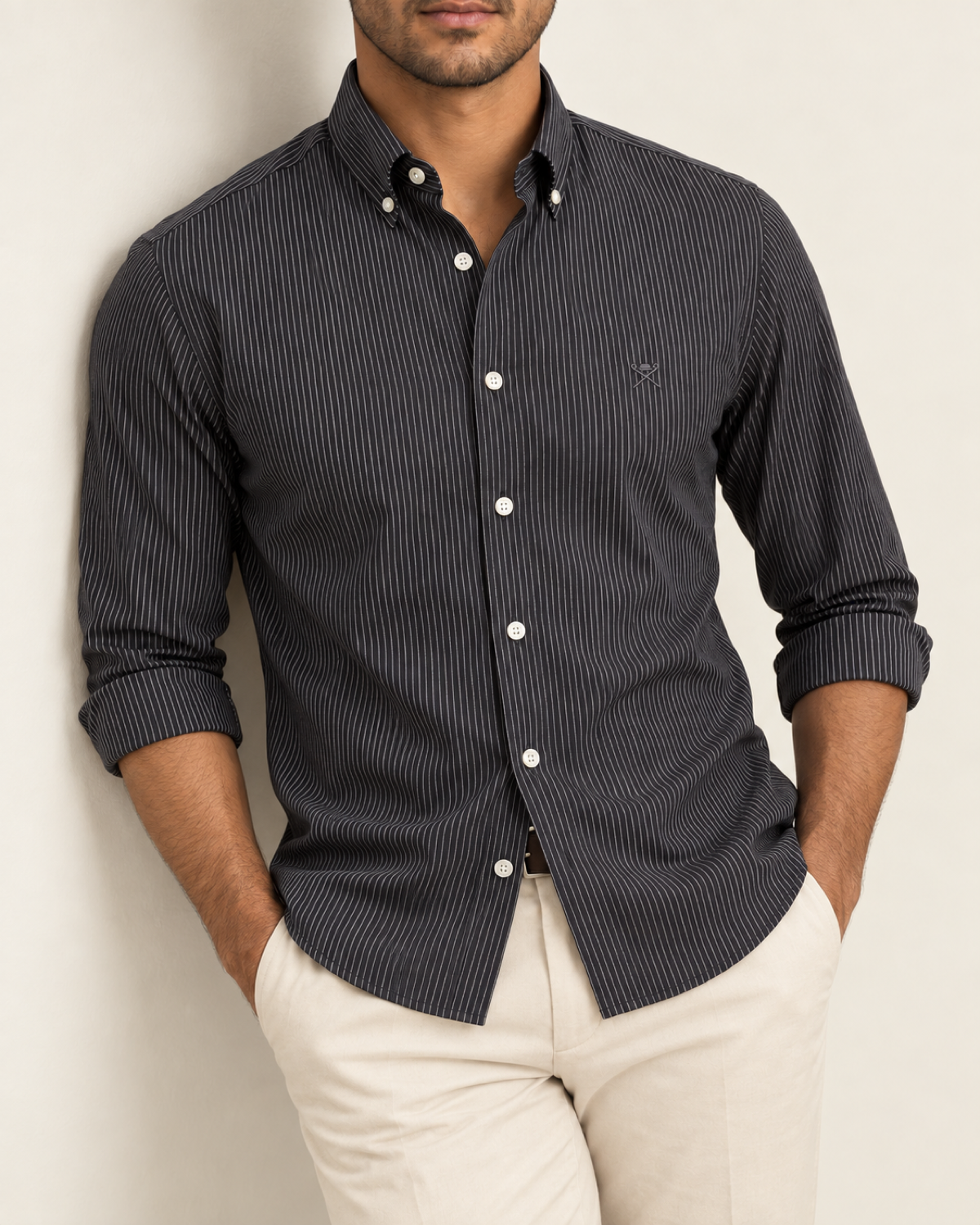HKTT — Charcoal Fine Pinstripe Button-Down Shirt — relaxed lifestyle