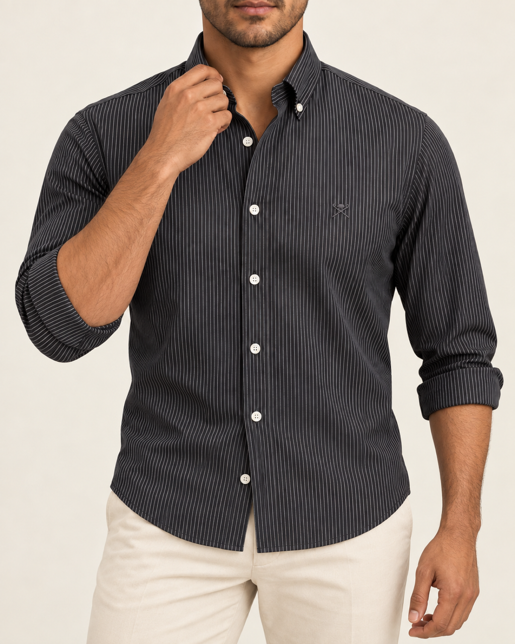 HKTT — Charcoal Fine Pinstripe Button-Down Shirt — front styling