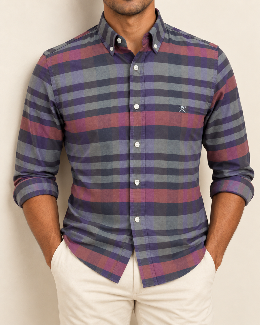 HKTT — Charcoal Plum Broad Check Button-Down Shirt — relaxed lifestyle