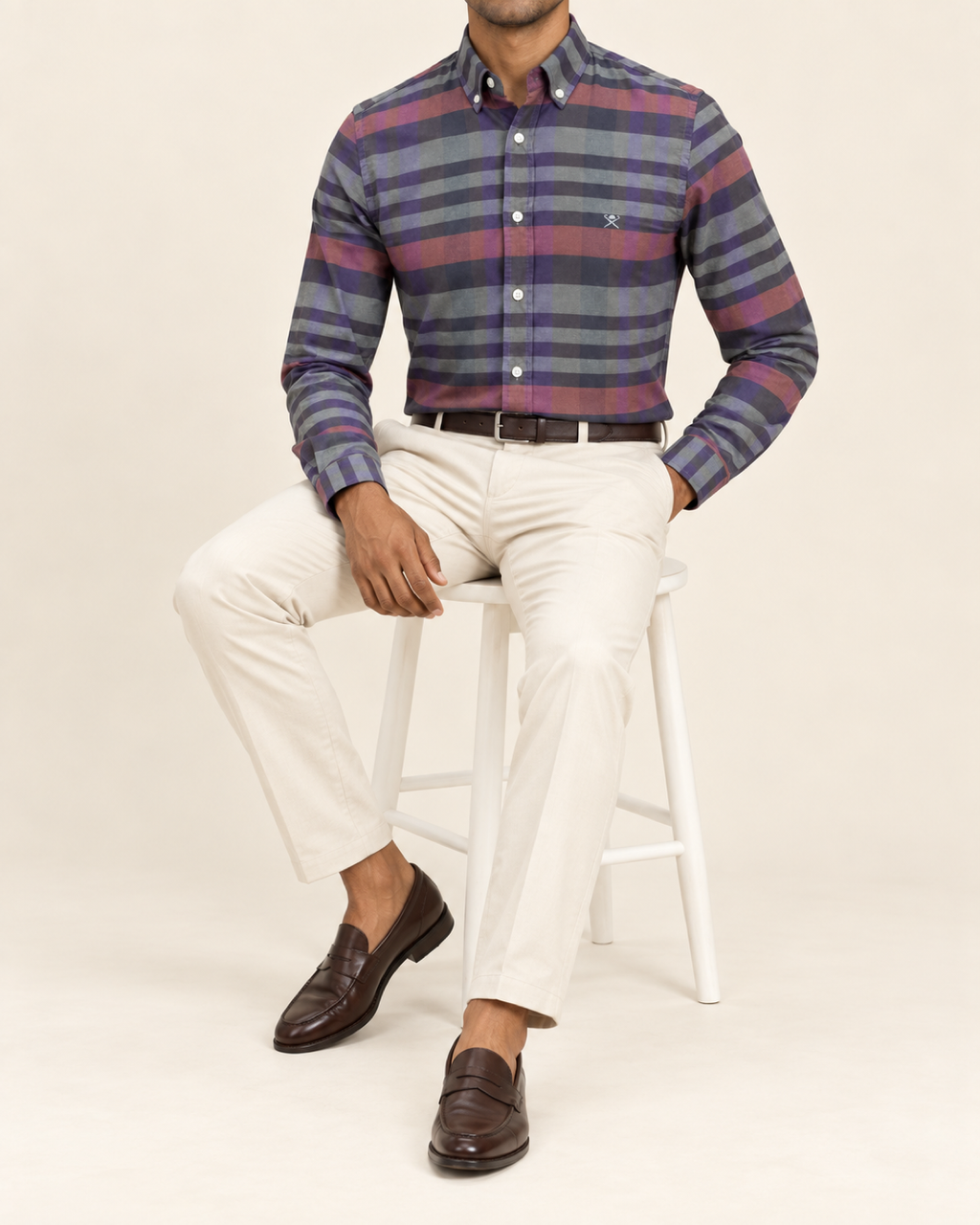 HKTT — Charcoal Plum Broad Check Button-Down Shirt — seated full body