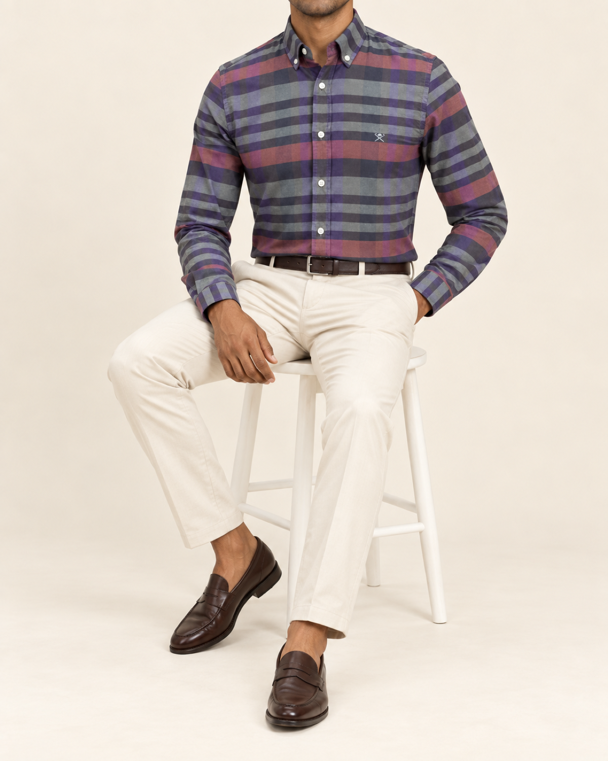 HKTT — Charcoal Plum Broad Check Button-Down Shirt — seated full body