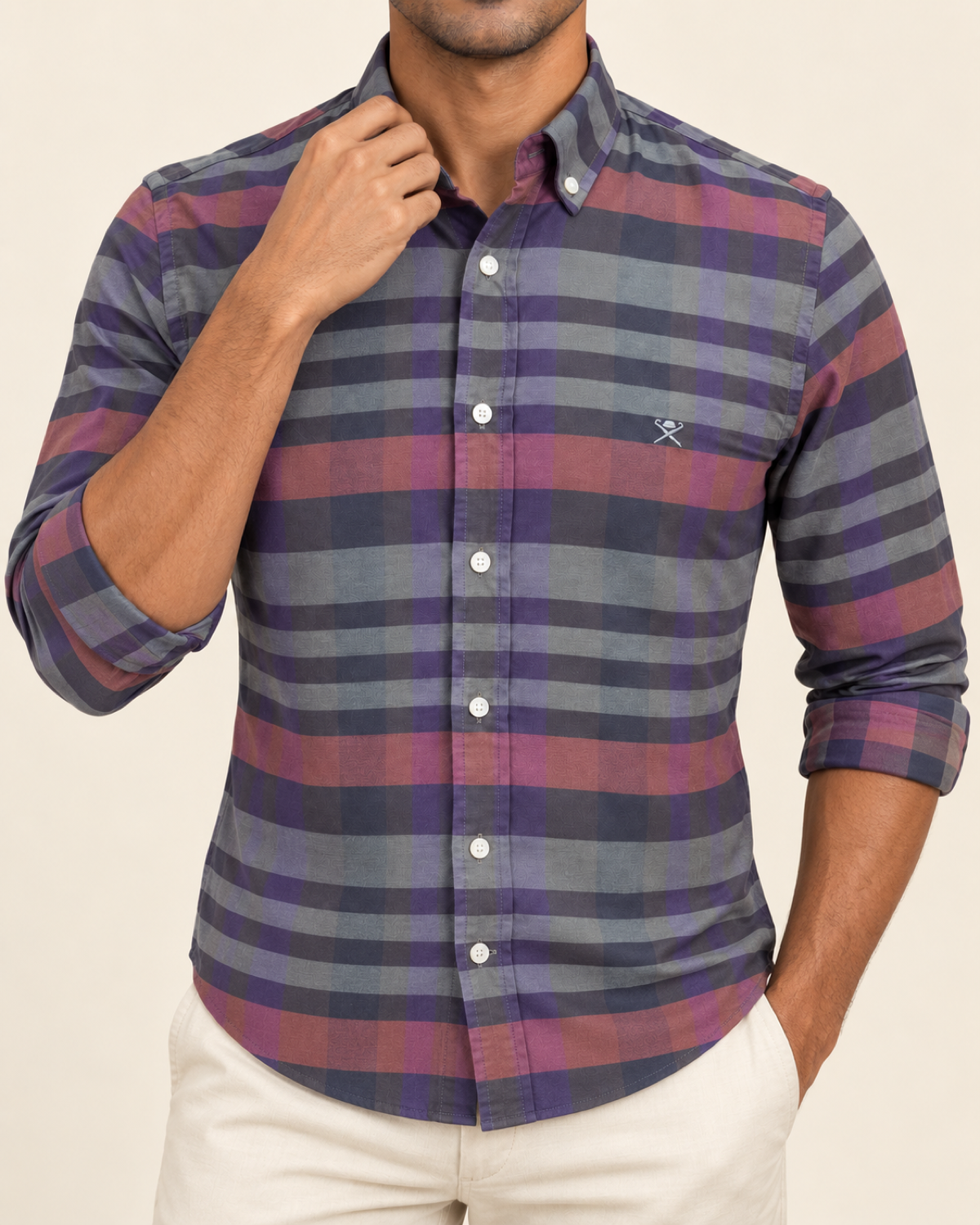 HKTT — Charcoal Plum Broad Check Button-Down Shirt — front styling