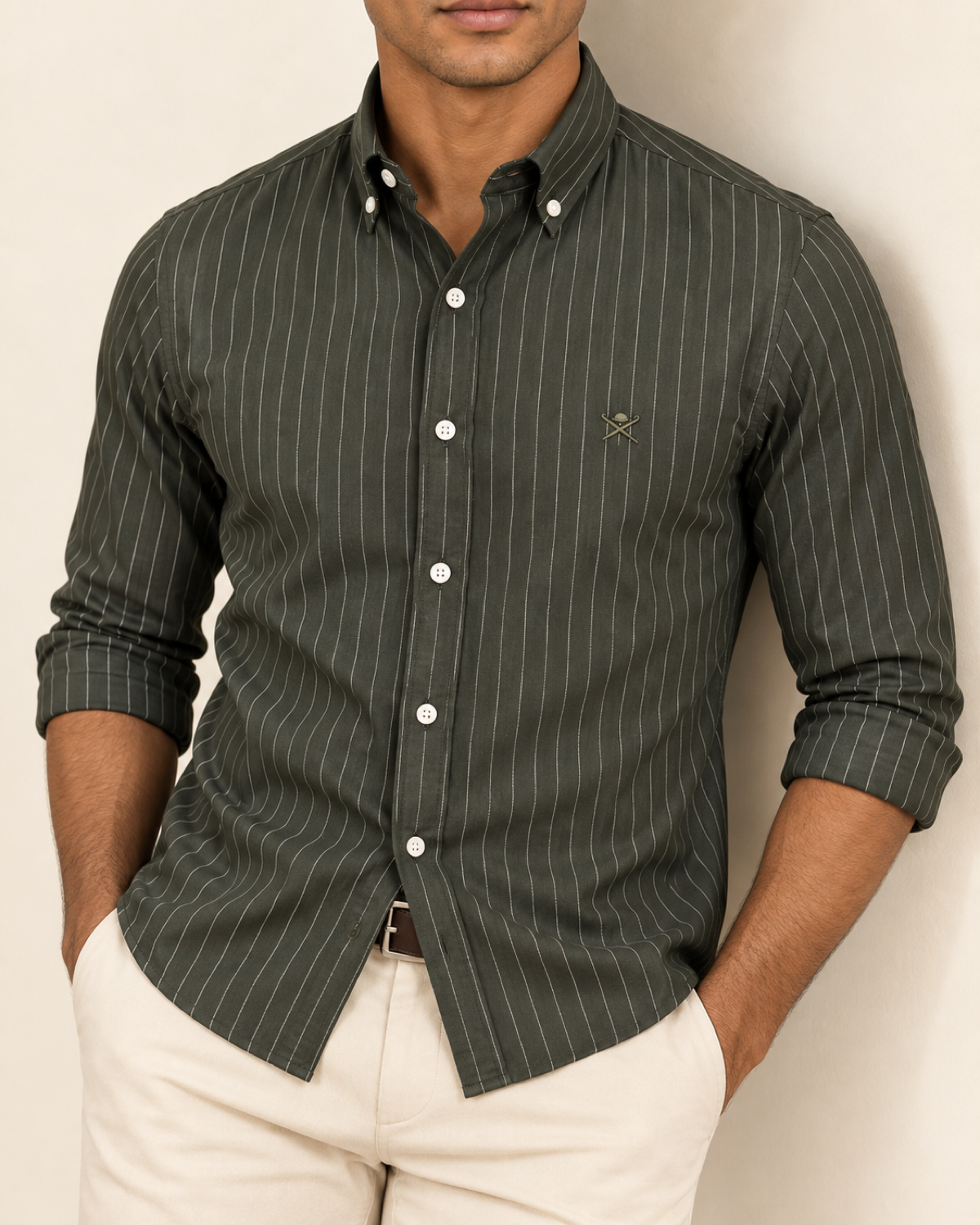 HKTT — Dark Olive Pinstripe Button-Down Shirt — relaxed lifestyle
