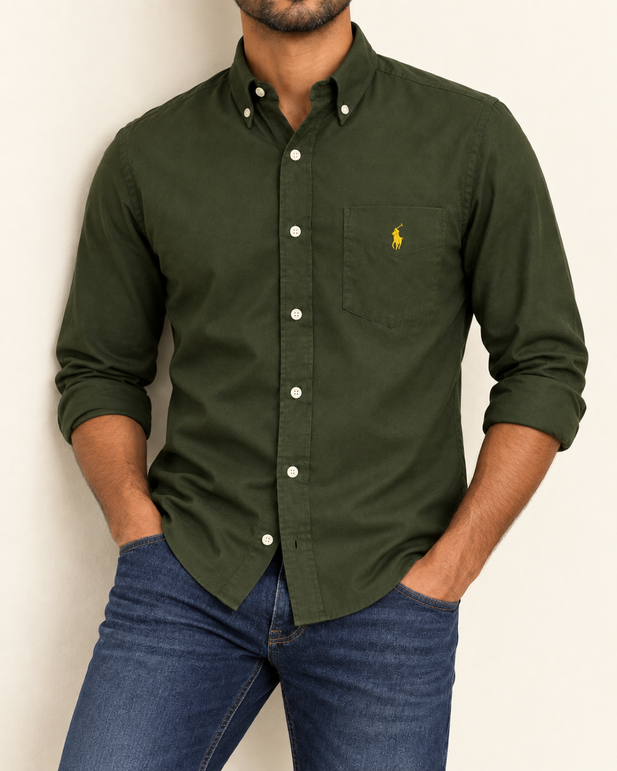 RL — Dark Olive Pocket Button-Down Shirt — relaxed lifestyle