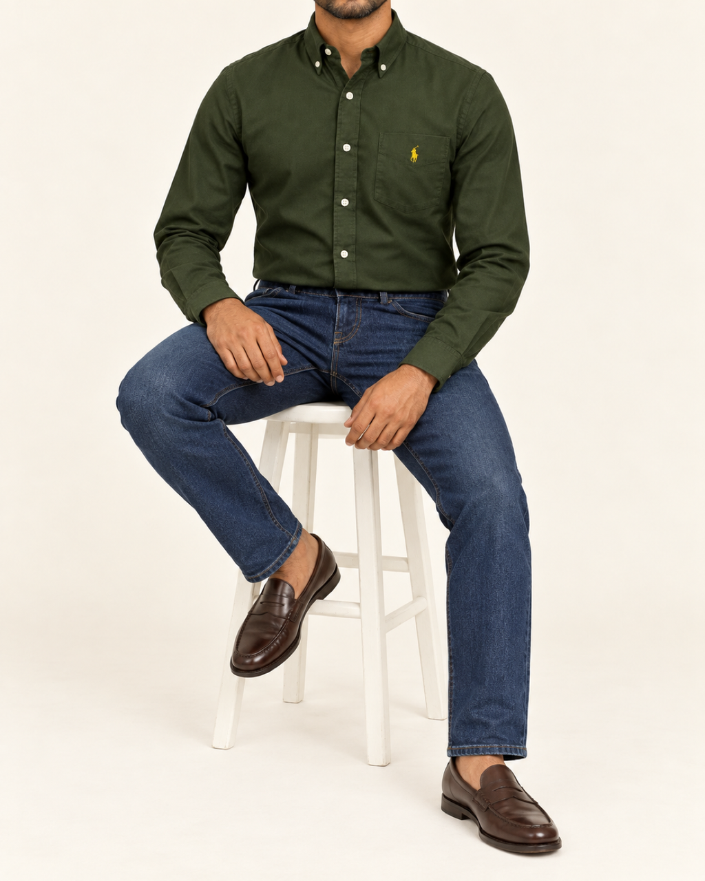 RL — Dark Olive Pocket Button-Down Shirt — seated full body