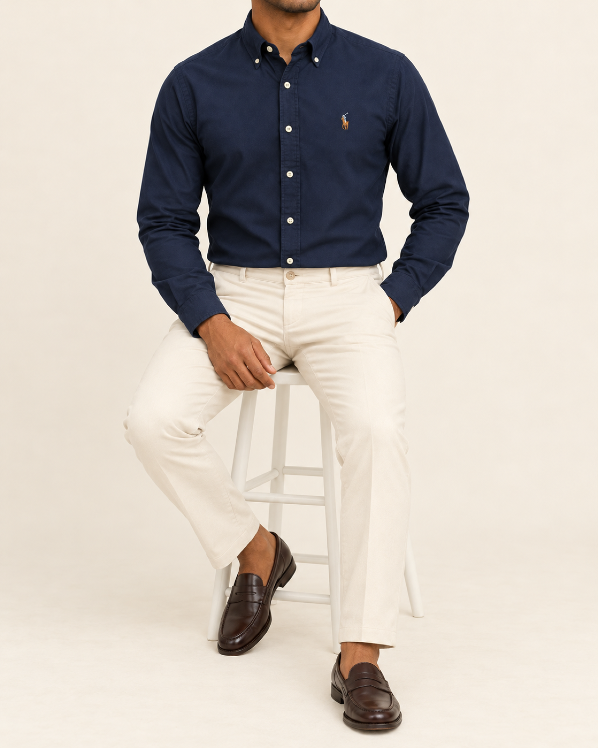 RL — Deep Navy Button-Down Shirt — seated full body