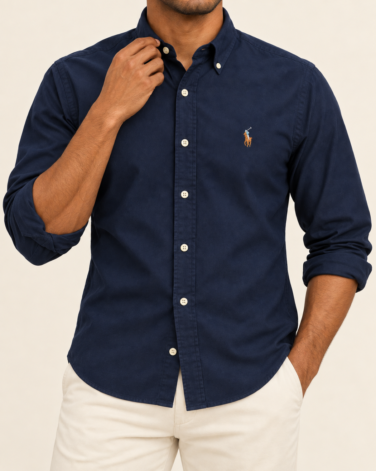 RL — Deep Navy Button-Down Shirt — front styling