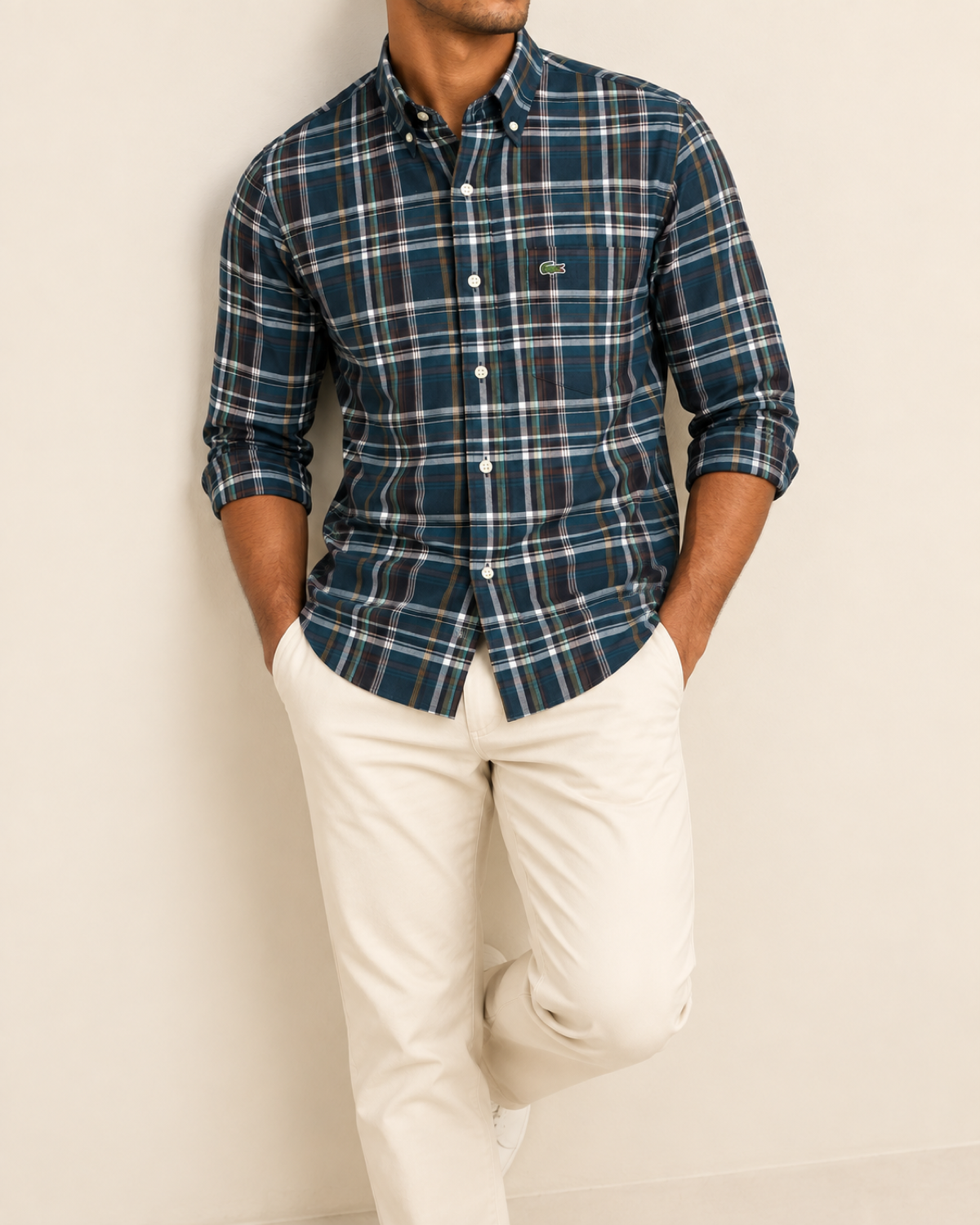 LCST — Deep Teal Plaid Button-Down Shirt — relaxed lifestyle