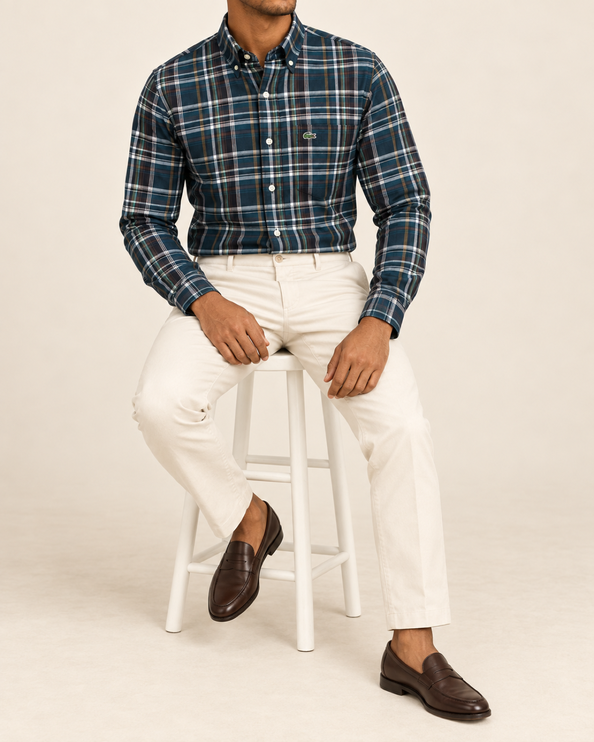 LCST — Deep Teal Plaid Button-Down Shirt — seated full body