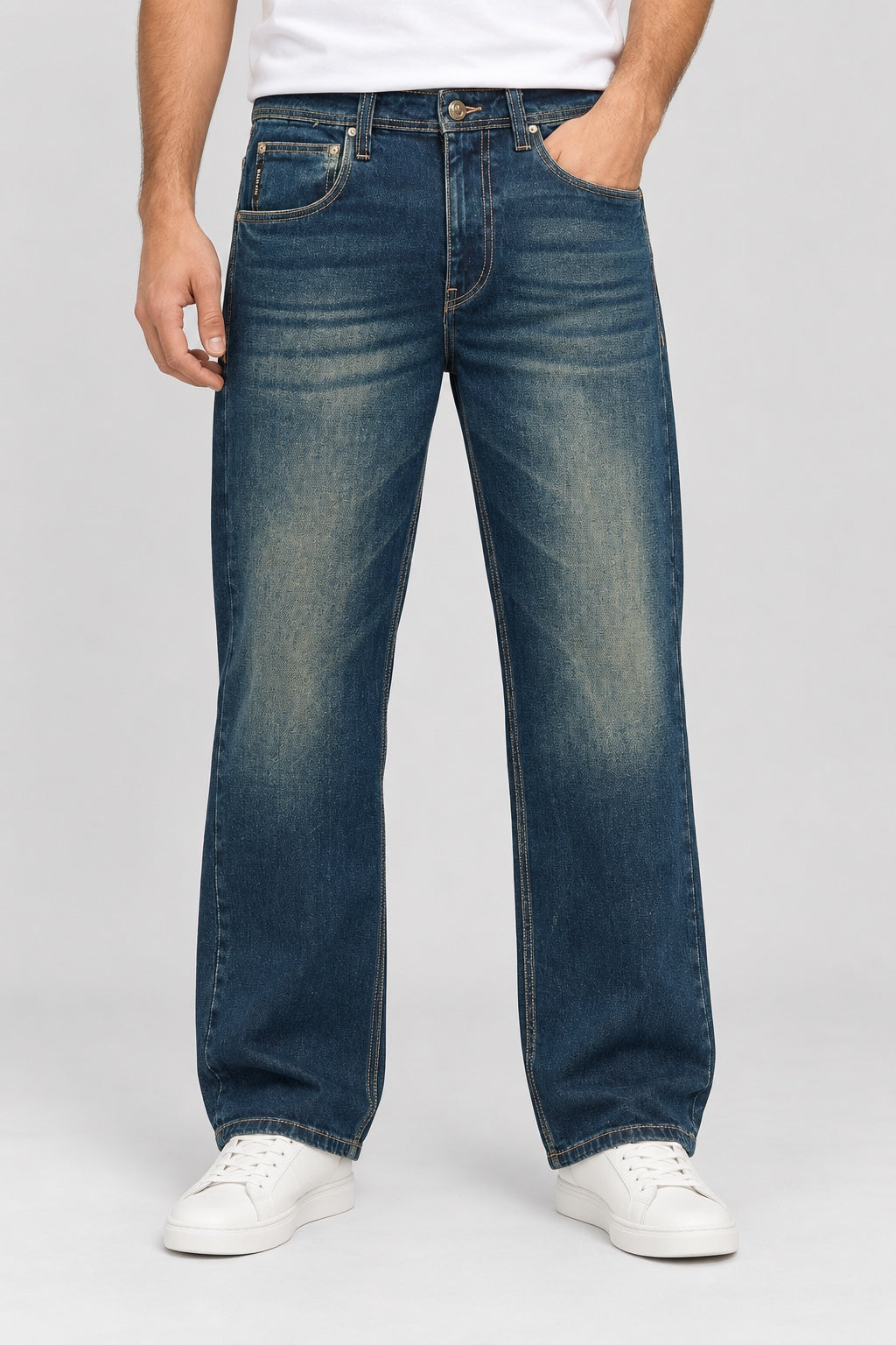Men’s Rose-Gold Emblem Wide-Leg Jeans – Vintage Indigo - front view