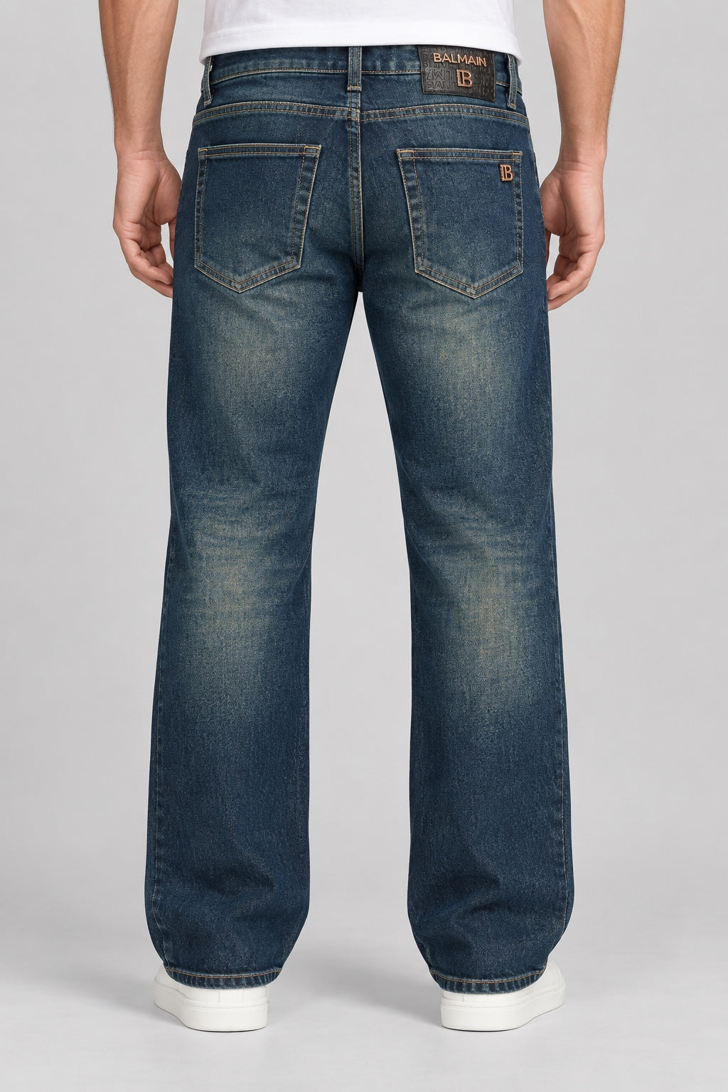 Men’s Rose-Gold Emblem Wide-Leg Jeans – Vintage Indigo - back view