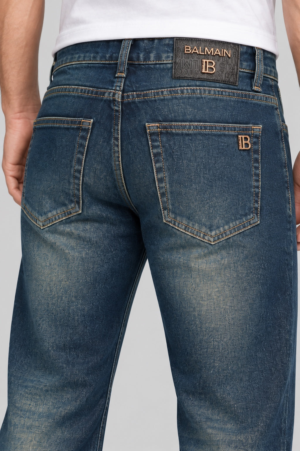 Men’s Rose-Gold Emblem Wide-Leg Jeans – Vintage Indigo - back detail