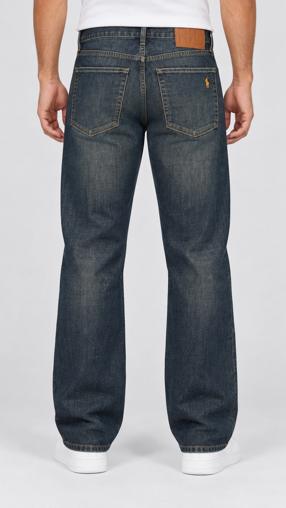 Men’s Horse-Emblem Wide-Leg Jeans – Dark Vintage Indigo - back view