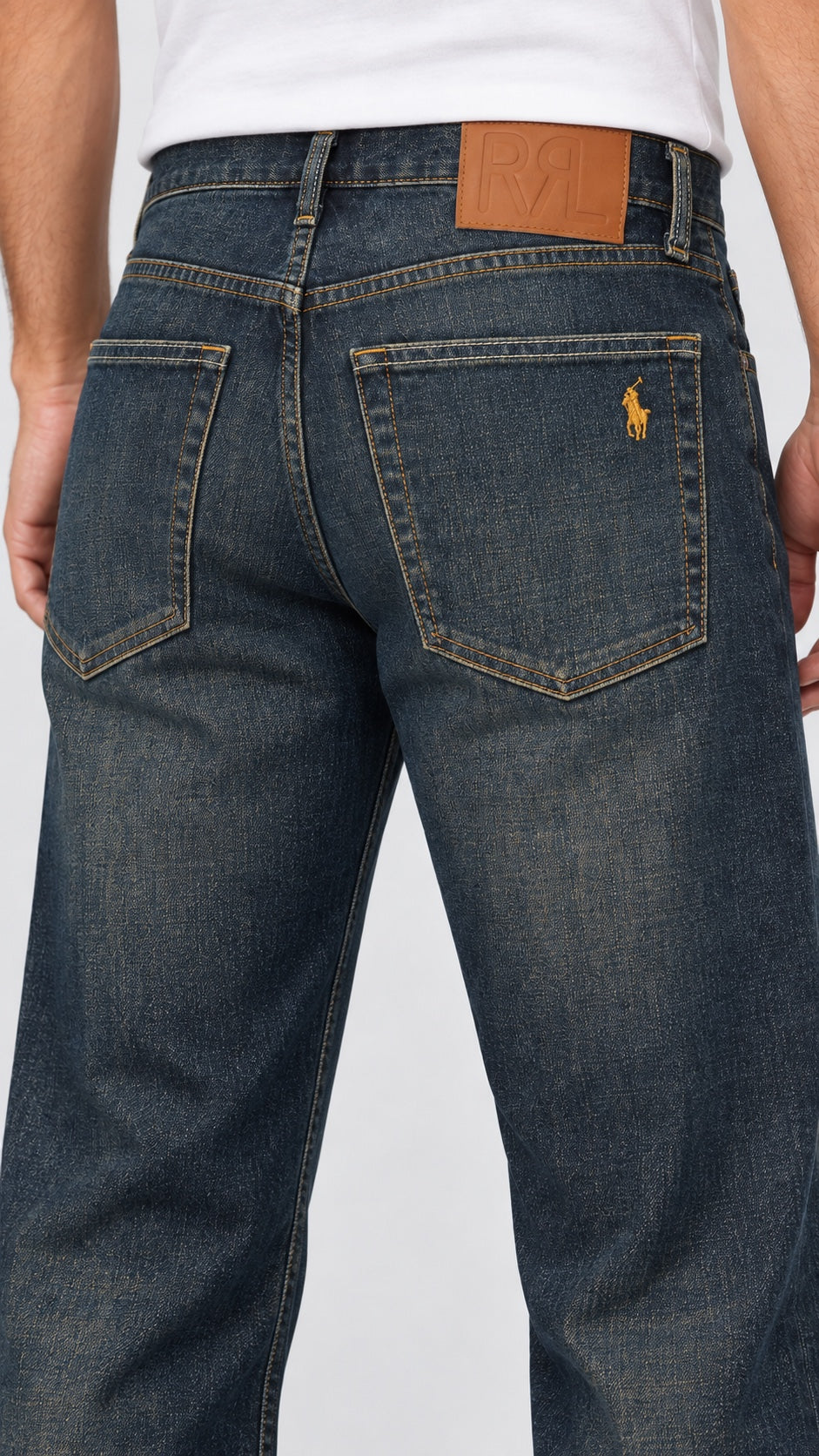 Men’s Horse-Emblem Wide-Leg Jeans – Dark Vintage Indigo - back detail