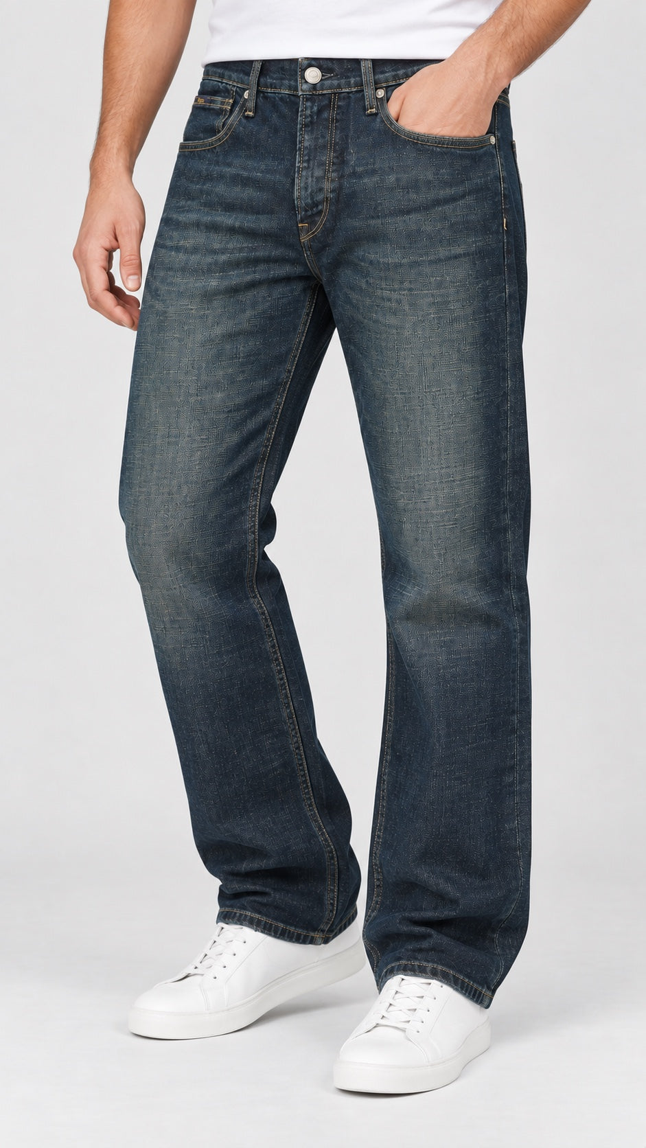 Men’s Wide-Bottom Straight-Fit Jeans – Signature-Stitch Dark Indigo - angled front