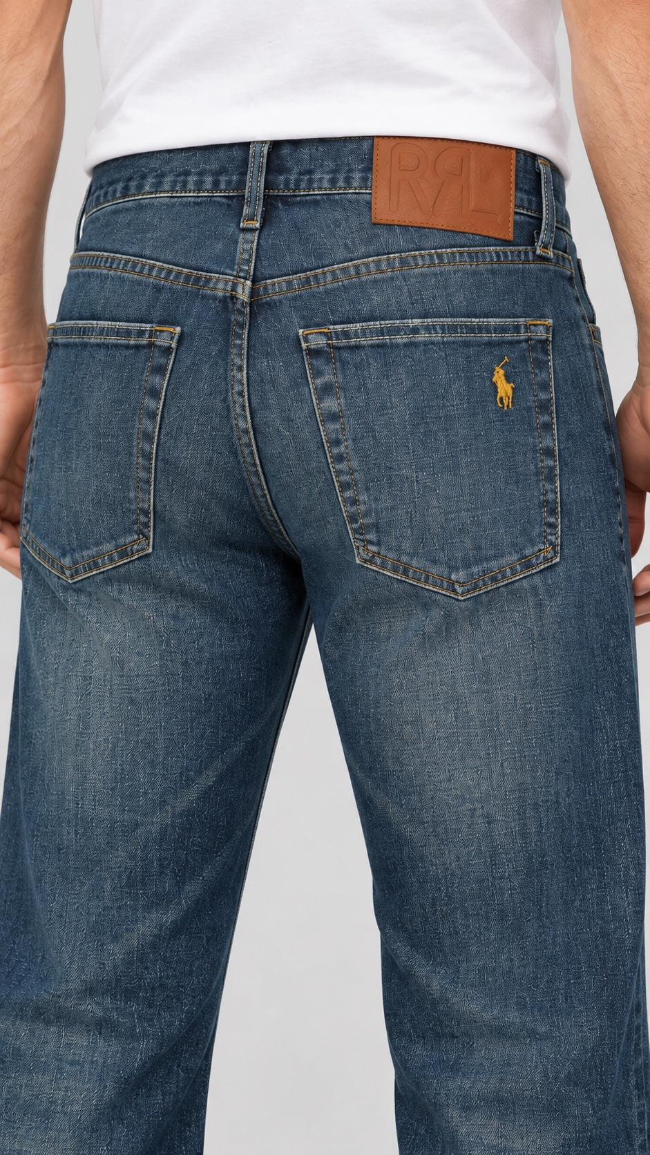 Men’s Horse-Emblem Wide-Leg Jeans – Vintage Indigo Blue - back detail