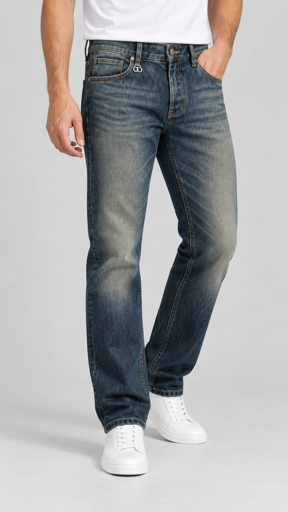 Men’s Geometric-Pocket Straight-Fit Jeans – Vintage Indigo - angled front