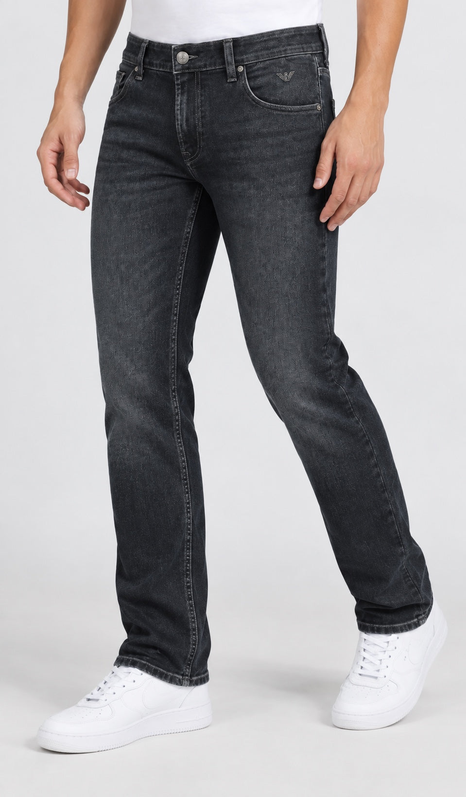 Men’s Eagle-Emblem Straight-Fit Jeans – Dark Charcoal Black - angled front
