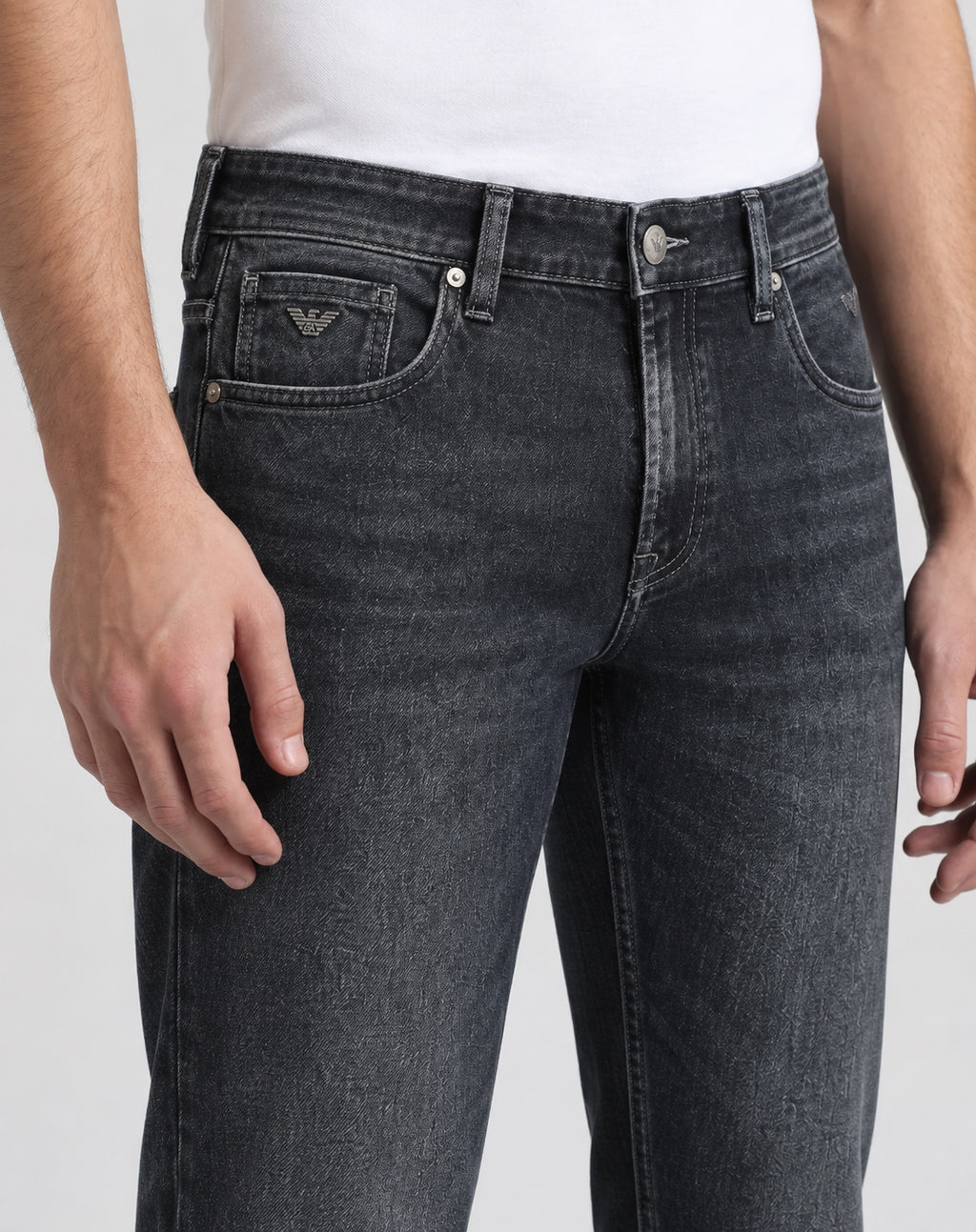 Men’s Eagle-Emblem Straight-Fit Jeans – Dark Charcoal Black - front detail