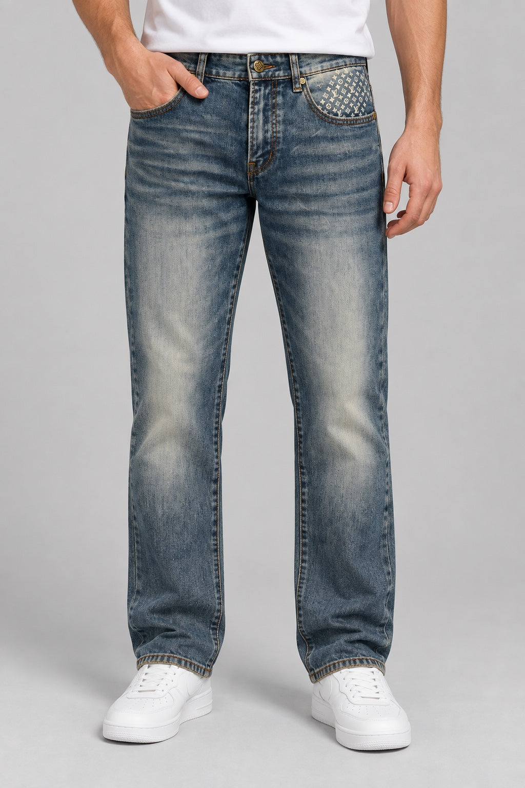 Men’s Cream-Monogram Straight-Fit Jeans – Vintage Faded Blue - front view