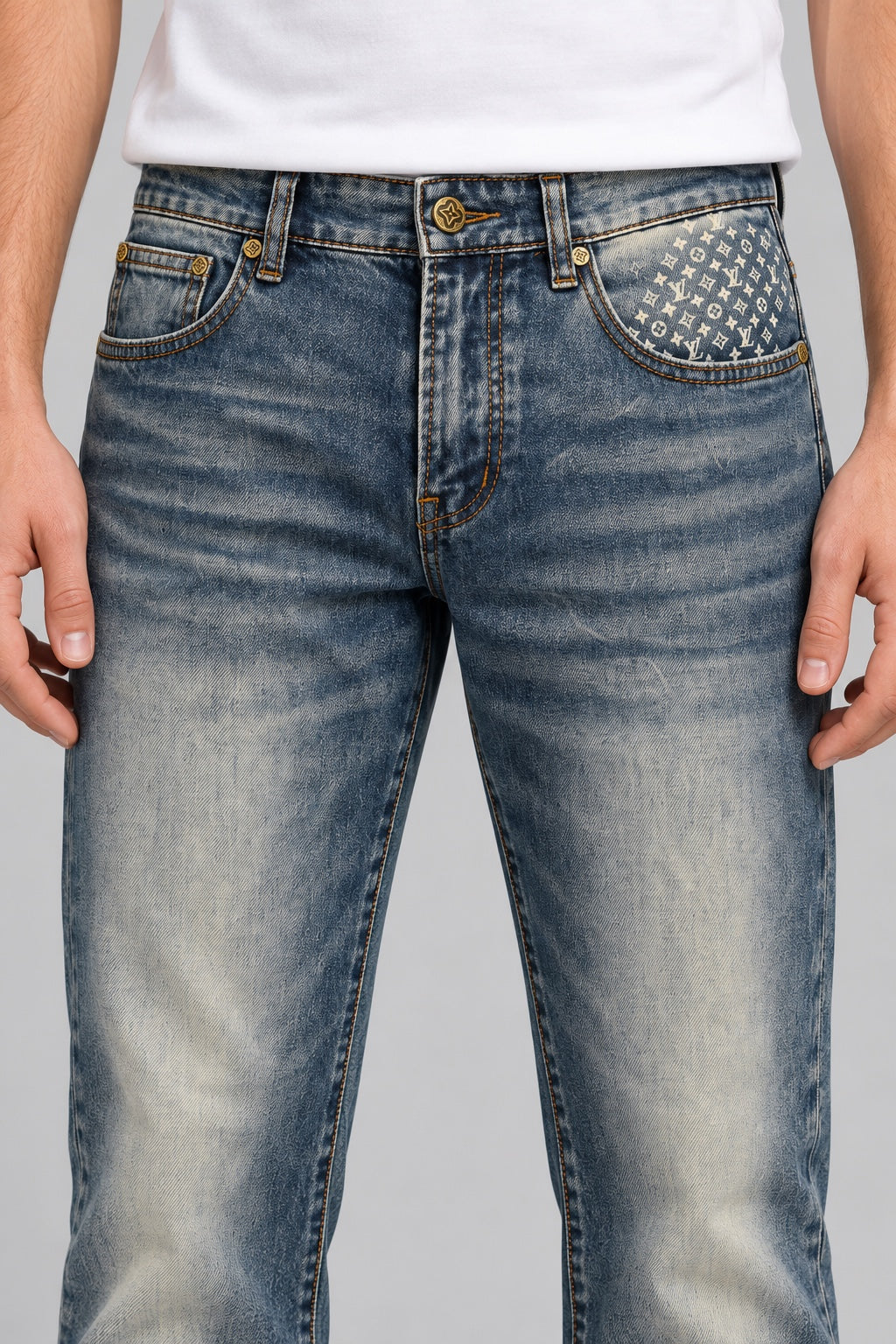 Men’s Cream-Monogram Straight-Fit Jeans – Vintage Faded Blue - front detail