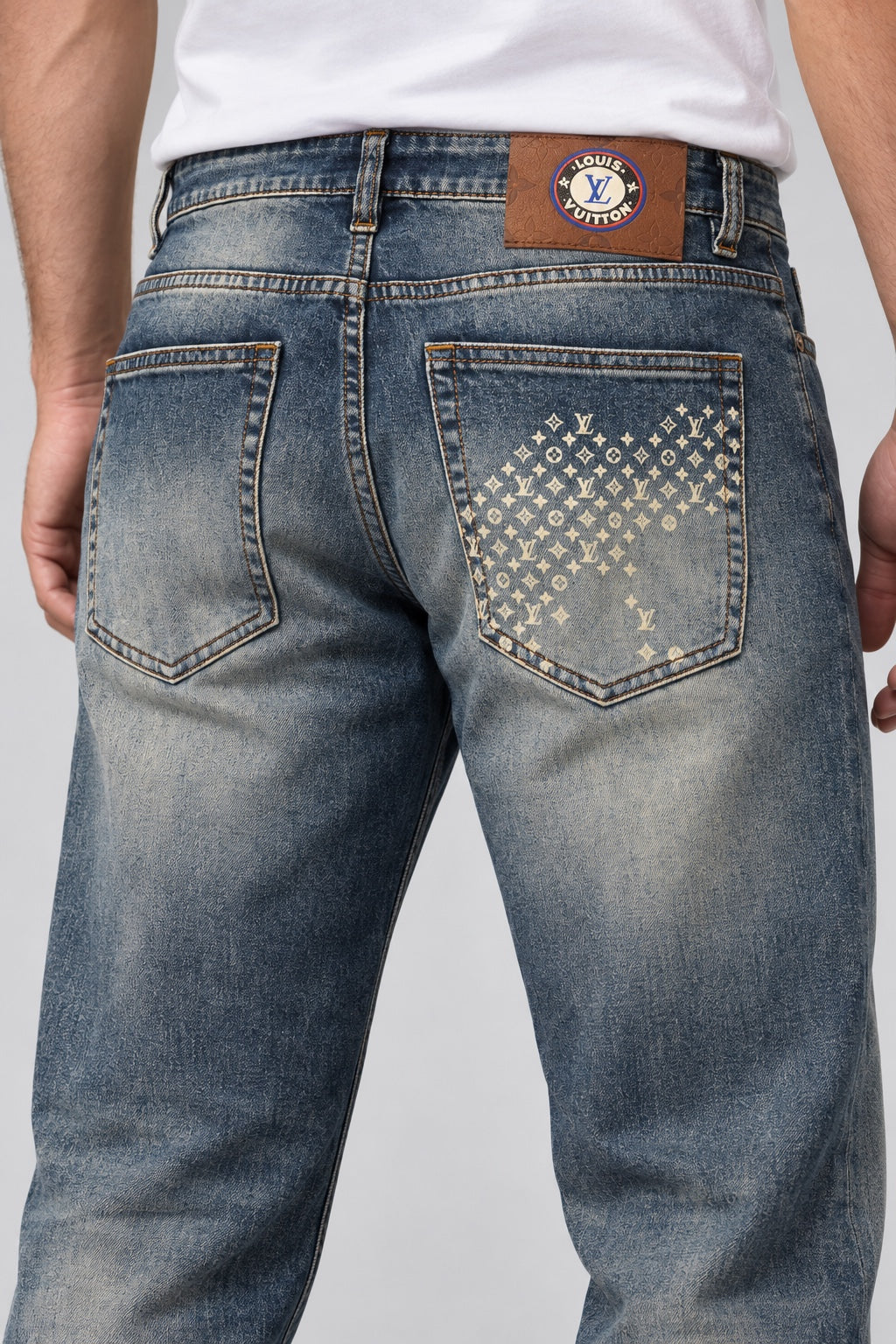 Men’s Cream-Monogram Straight-Fit Jeans – Vintage Faded Blue - back detail