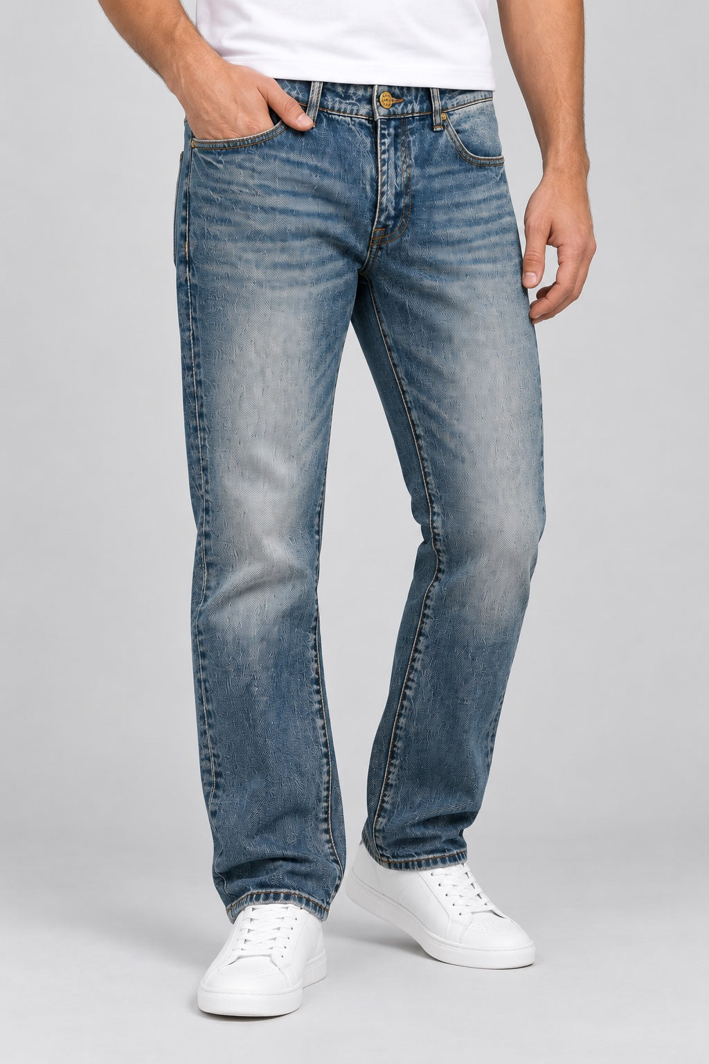 Men’s Fishing-Embroidered Straight-Fit Jeans – Vintage Stonewashed Blue - angled front